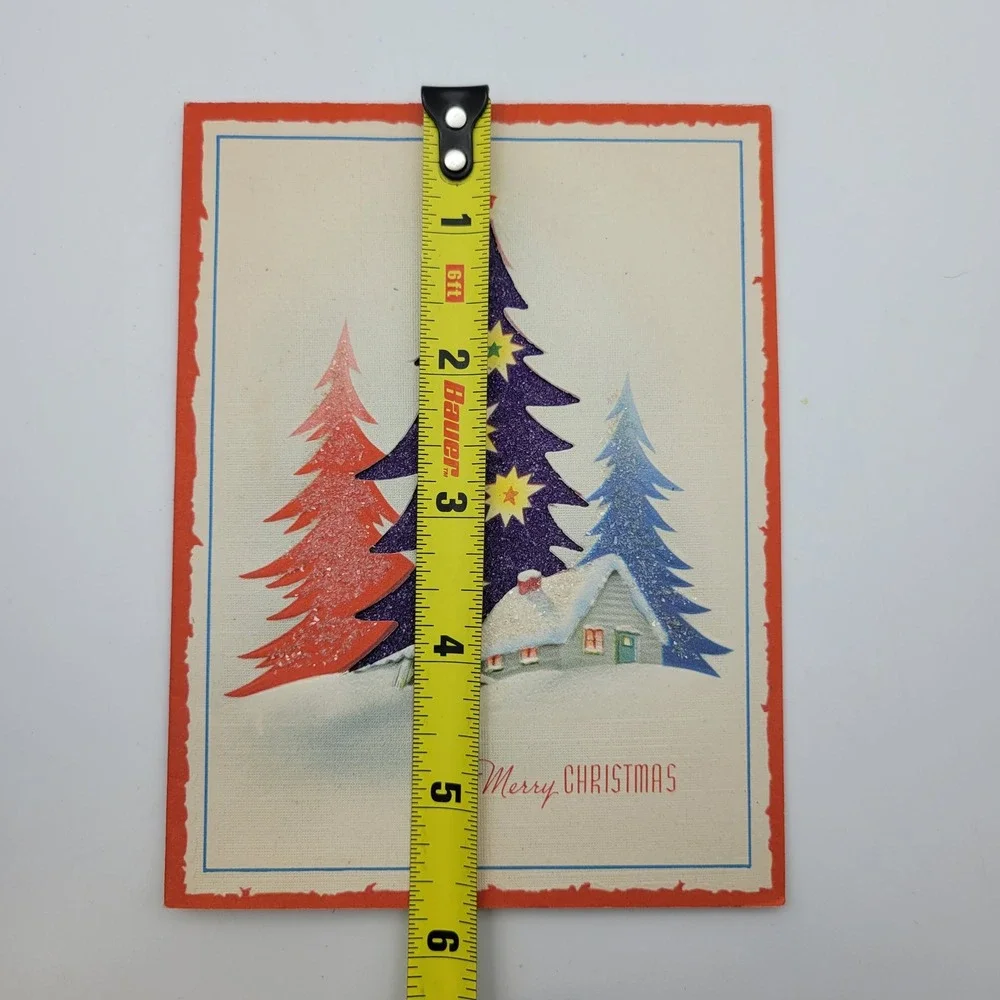 Vintage Merry Christmas Card, Glitter Trees‎ Cottage USA Made Religious Verse